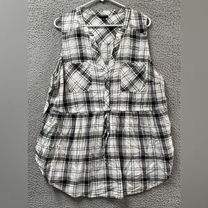 Torrid Shirt Womens 2X White Black Plaid Sleeveless V Neck Button Up Blouse Tie
